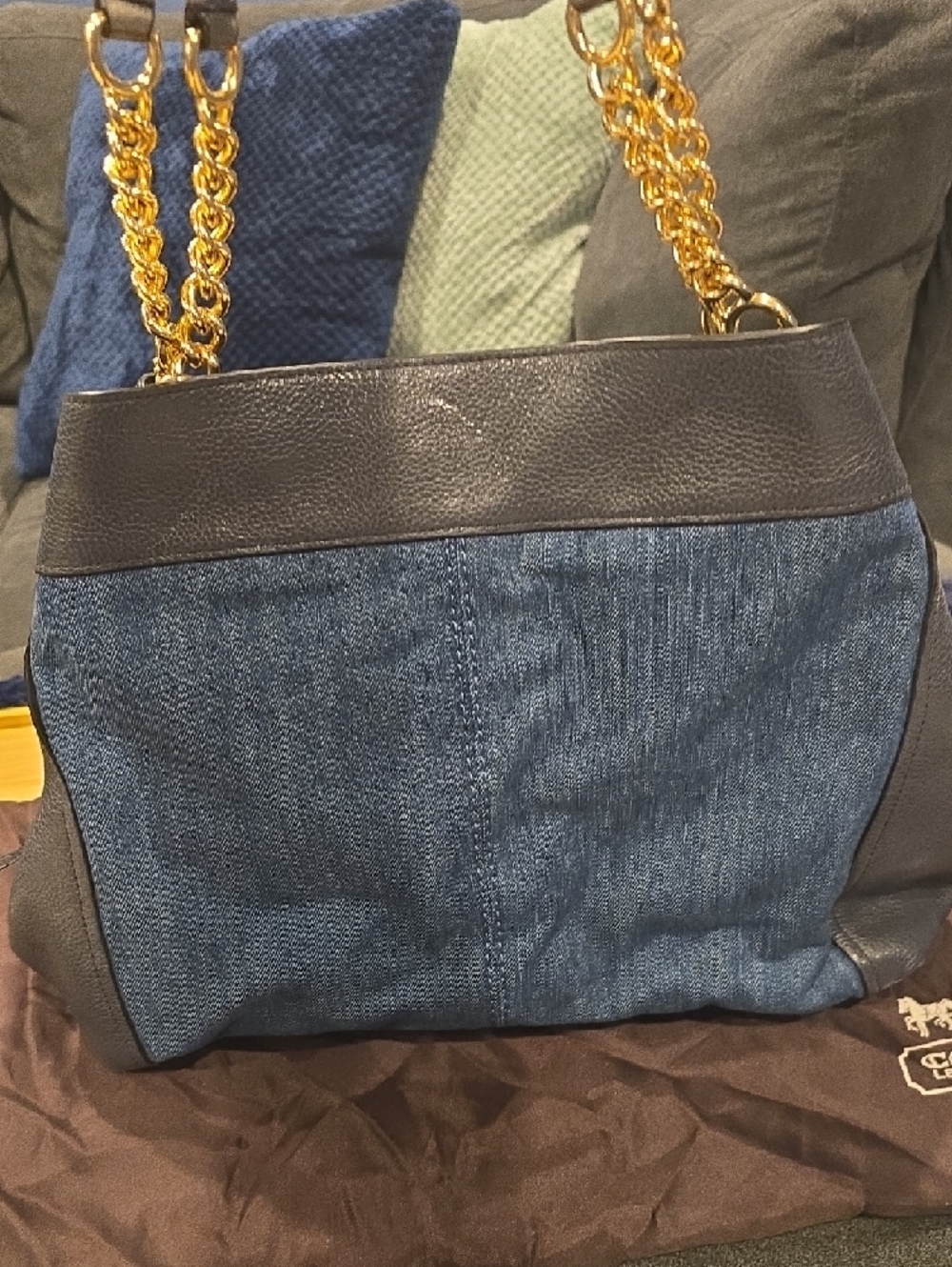 Coach Denim & Black Leather Shoulder Tote with Gold Chain Straps - Picture 2 of 6